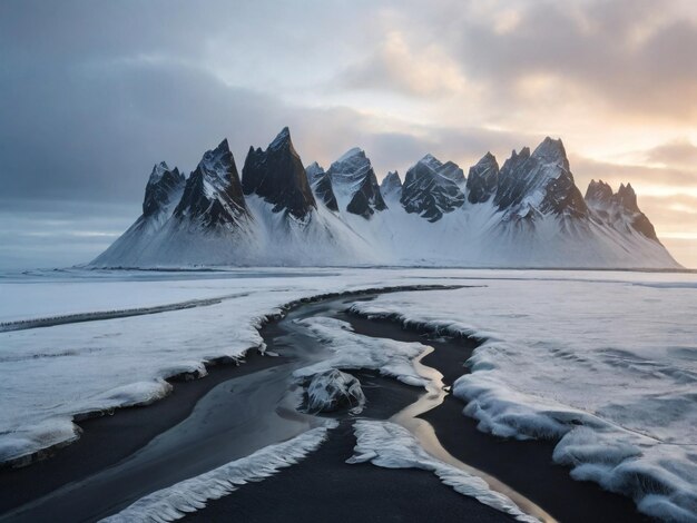 Photo voilé dans les monuments blancs et gelés de stokksnes