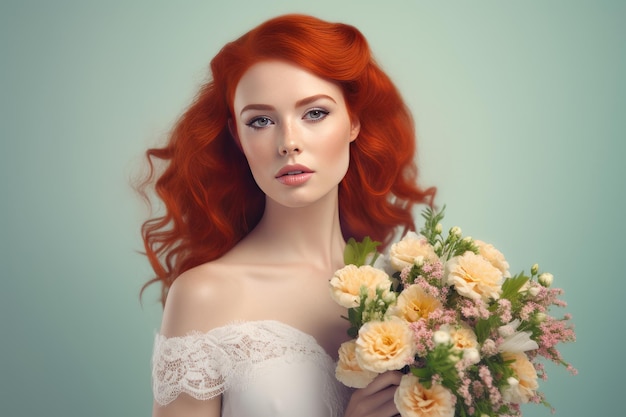 Voile de mariée aux cheveux roux Romance femme Generate Ai