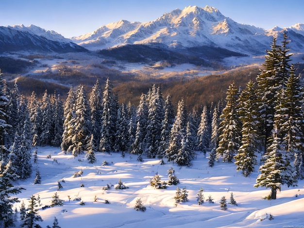 Le voile de mystère de l'hiver recouvre les belles montagnes.