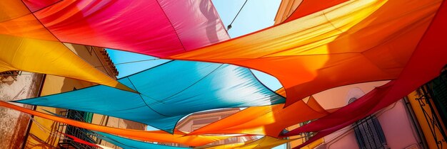 Photo des voiles d'ombre suspendues au-dessus de la rue ajoutant une éclaboussure de couleur tout en protégeant contre le soleil