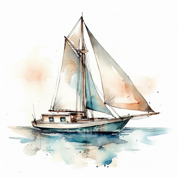 Un voilier aux voiles peintes à l'aquarelle