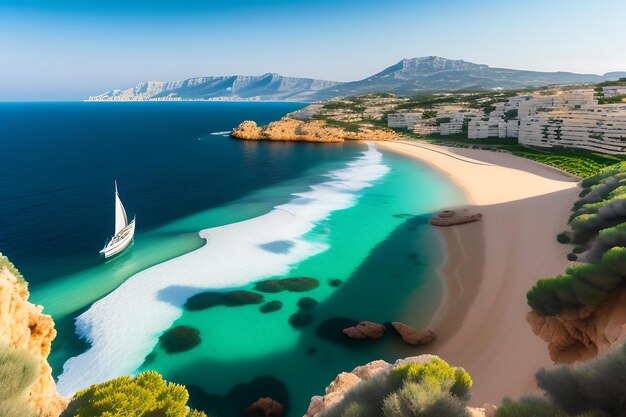 Voilier blanc au loin La côte de la mer Méditerranée Majorque Espagne