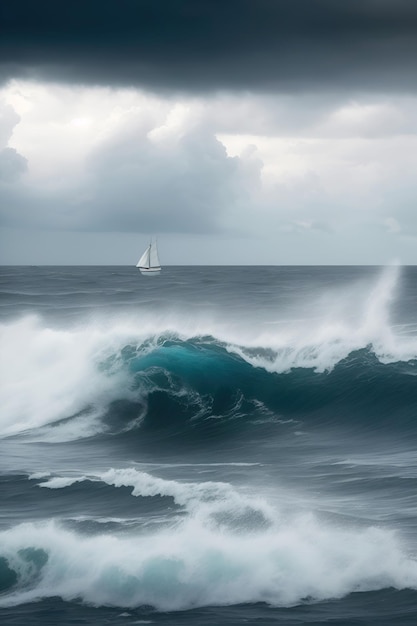 Voilier dans la mer avec des vagues par temps nuageux dans des tons gris