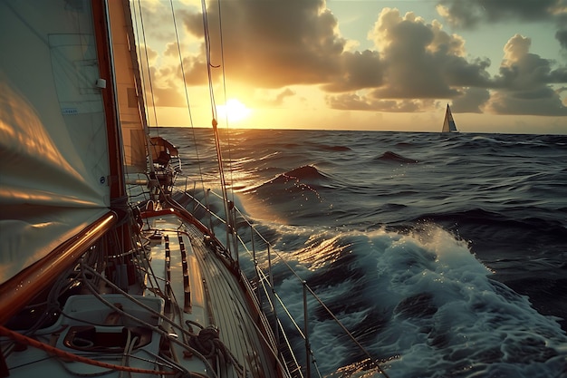 Photo un voilier dans l'océan au coucher du soleil