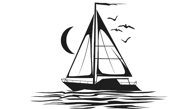 Photo un voilier avec une demi-lune et des mouettes volant en arrière-plan