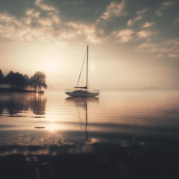 Un voilier est dans l'eau avec des arbres sur le rivage.