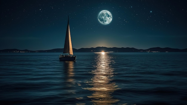 Un voilier flotte sur l'eau avec la lune en arrière-plan.