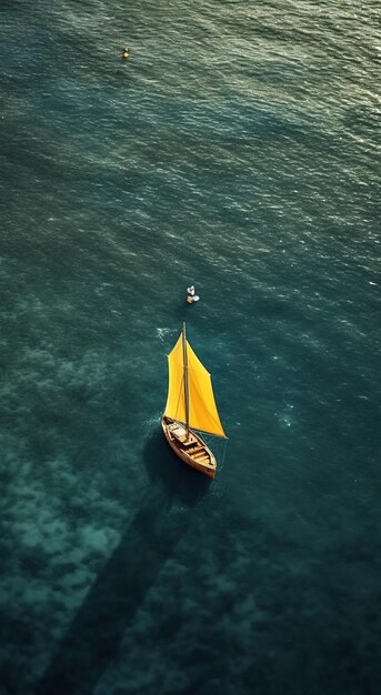 Un voilier jaune avec une voile jaune sur l'eau