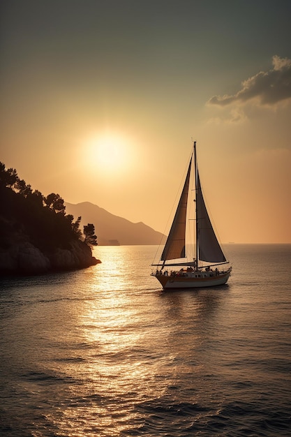 Un voilier en mer au coucher du soleil