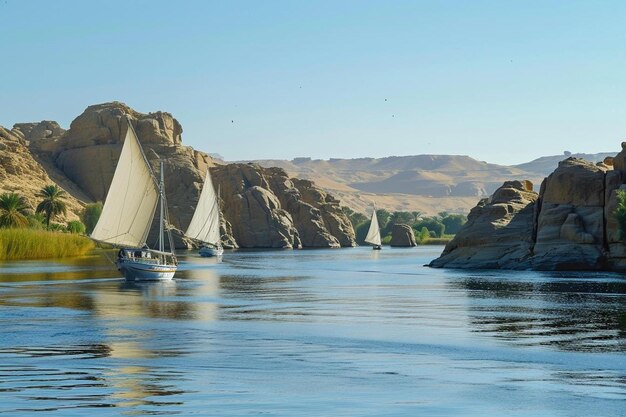 Photo un voilier naviguant sur une rivière avec des montagnes en arrière-plan.