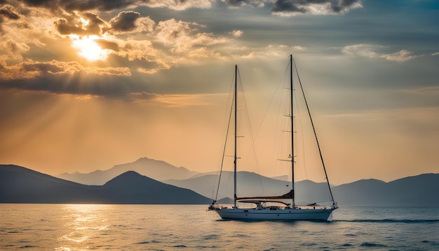 un voilier navigue dans l'océan avec un coucher de soleil en arrière-plan