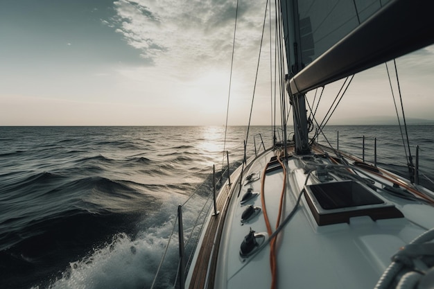 Un voilier navigue dans l'océan avec le soleil couchant derrière lui.