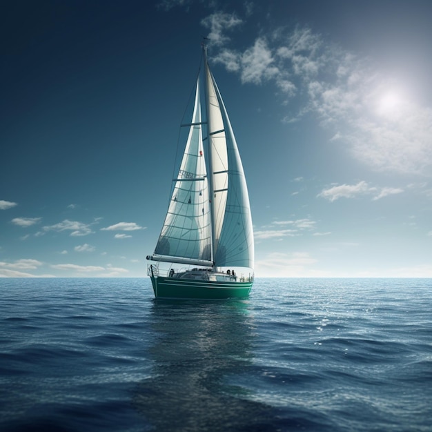 Un voilier navigue dans l'océan avec le soleil qui brille sur l'eau.