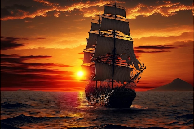 Un voilier navigue sur l'océan avec le soleil couchant derrière lui.