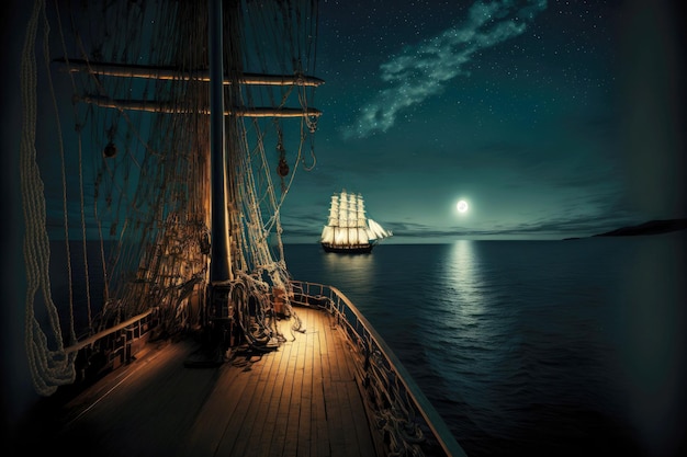 Voilier de nuit sur la mer calme vue depuis le pont du navire
