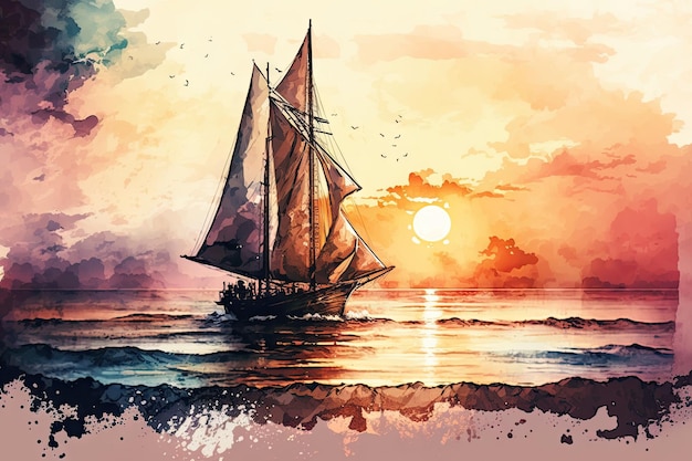 Voilier sur l'océan au coucher du soleil beau style aquarelle