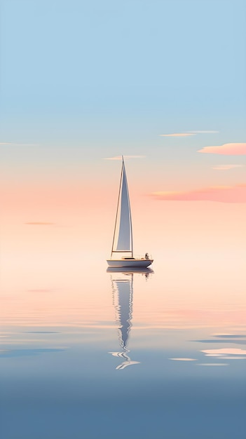 Un voilier sur un océan calme avec un ciel rose et le reflet d'un homme sur l'eau.