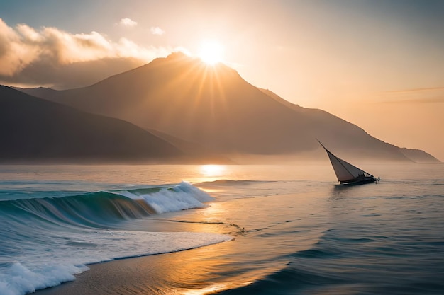 Un voilier sur l'océan avec le coucher de soleil derrière lui