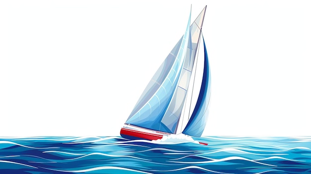 Photo un voilier rouge et blanc avec des voiles bleues glisse sur les vagues de l'océan.