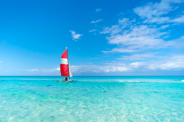 Un voilier transporte les touristes à travers la mer bleue par beau temps. Bateaux à voile sur la magnifique plage cubaine de Varadero. catamaran de tourisme. transports écologiques