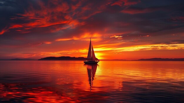 Photo un voilier à voile dans l'eau au coucher du soleil avec un ciel rouge génératif ai