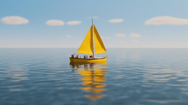 Un voilier avec une voile jaune flotte sur le