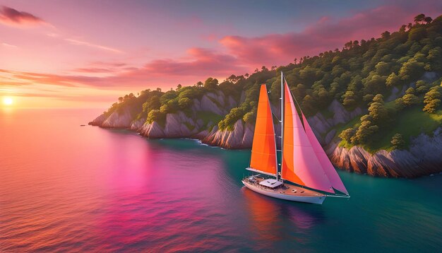 Photo un voilier à voiles blanches dans une mer calme au large de la côte d'une île tropicale pendant un coucher de soleil brillant