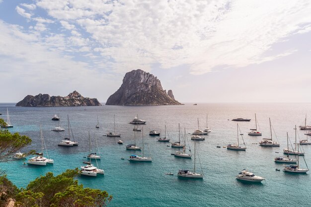 Voiliers et catamarans de différentes tailles dans la baie Cola d'Hort