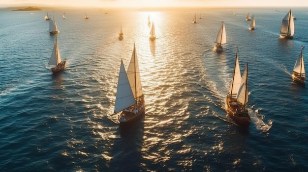 Voiliers sur l'eau avec le soleil couchant derrière eux.