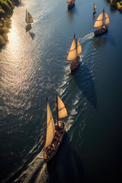 Voiliers vikings à rames sur les drakkars du fleuve Drakkar Guerrier scandinave Ai générative