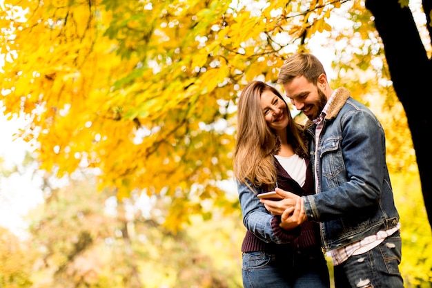 Voir au souriant couple étreindre en automne parc et s&#39;amuser