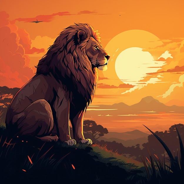 voir un coucher de soleil avec l'art d'illustration de lion