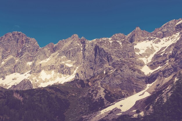 Voir les montagnes alpines en gros plan dans le parc national de Dachstein, Autriche, Europe. Ciel bleu et forêt verte en journée d'été