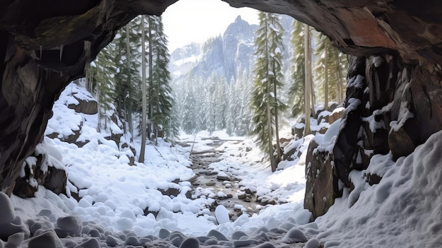 Voir de la neige ramollie dans une grotte Ressource créative générée par l'IA