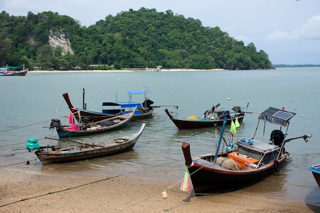 Voir le paysage paysage marin et les pêcheurs thaïlandais locaux flottant arrêter le bateau de pêche en mer en attente attraper des poissons et la vie marine au bord de l'eau Pak Bara village de pêcheurs à La ngu ville de Satun Thaïlande