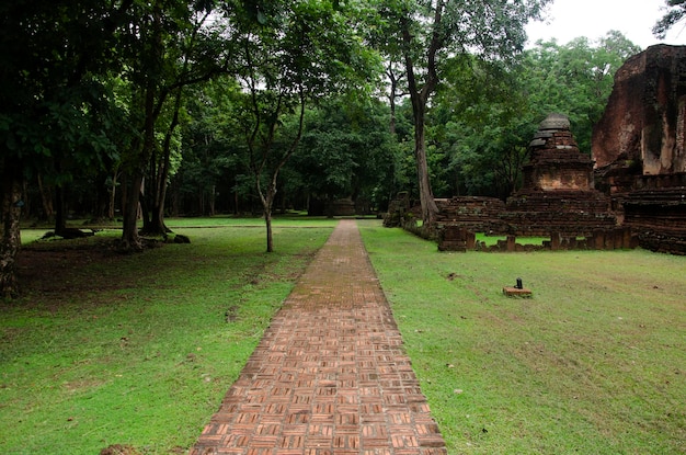 Voir le paysage de la statue de bouddha au Wat Phra Si Iriyabot dans l'ancien bâtiment et les ruines de la ville du parc historique de Kamphaeng Phet est un site archéologique et la région d'Aranyik à Kamphaeng Phet en Thaïlande