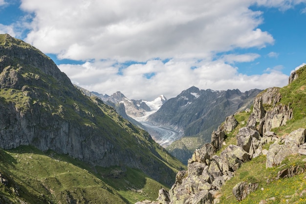 Voir des scènes de montagnes en gros plan, route du grand glacier d'Aletsch dans le parc national de la Suisse, de l'Europe. Paysage d'été, ciel bleu et journée ensoleillée