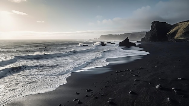 Voir les vagues de la mer de l'Atlantique du littoral de sable sombre en Islande générées par l'IA