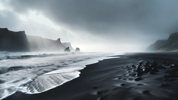 Voir les vagues de la mer de l'Atlantique du littoral de sable sombre en Islande générées par l'IA