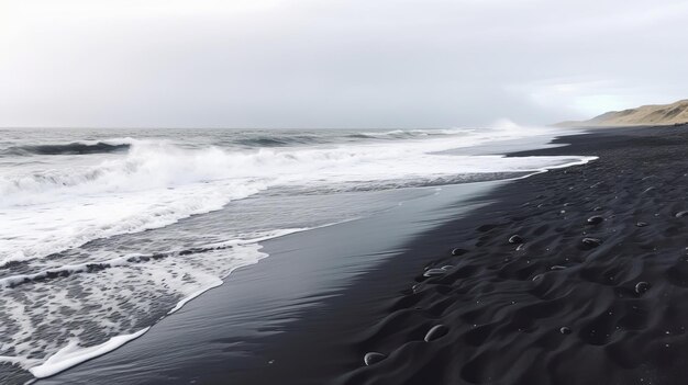 Voir les vagues de la mer de l'Atlantique du littoral de sable sombre en Islande générées par l'IA