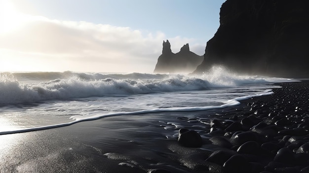 Voir les vagues de l'océan Atlantique du littoral de sable sombre en Islande générées par l'IA