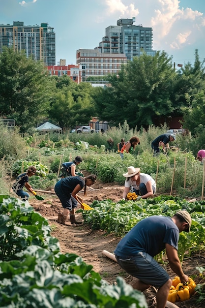 Photo les voisins travaillent dans un jardin potager communautaire dans un environnement urbain, une grande ville en arrière-plan.