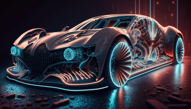 Une voiture 3d avec un design futuriste à l'avant.