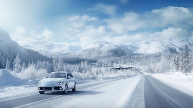 une voiture accélérant sur une route enneigée entourée d'un paysage hivernal à couper le souffle de montagnes enneigées et d'une forêt dense souligne le sens du mouvement et de l'aventure