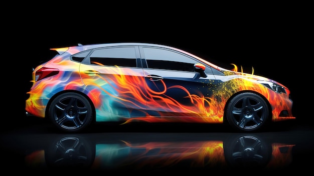 Voiture avec airbrushing et lumières au néon sur un fond sombre