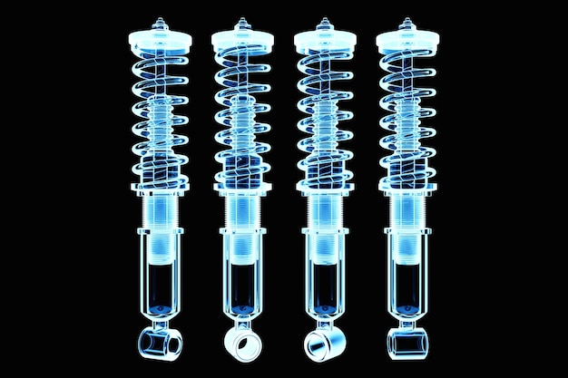 Voiture d'amortisseur de lumière bleue sur fond noir Illustration 3d Pièces de suspension