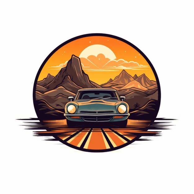 Voiture ancienne avec coucher de soleil, illustration classique d'inspiration graphique