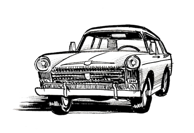 Voiture ancienne. Dessin noir et blanc à l'encre