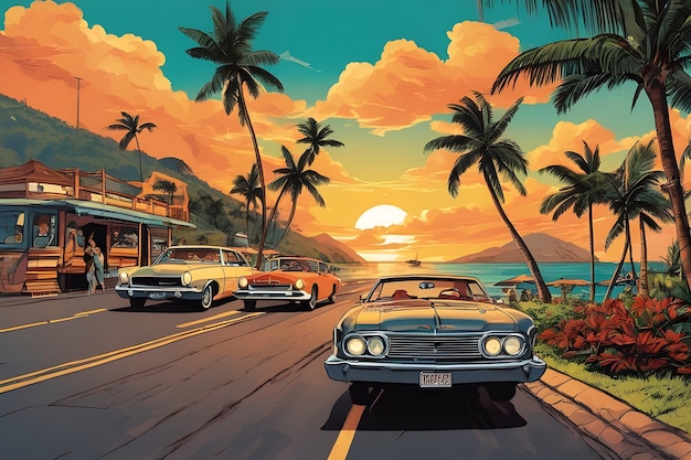 Voiture ancienne lors d'un road trip avec un ciel orange et des rayons du soleil