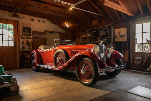 Voiture ancienne restaurée dans un garage à domicile créé avec une IA générative